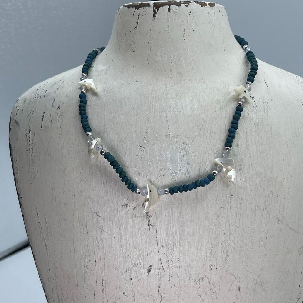 Vintage fetish bicone AB blue seed bead choker